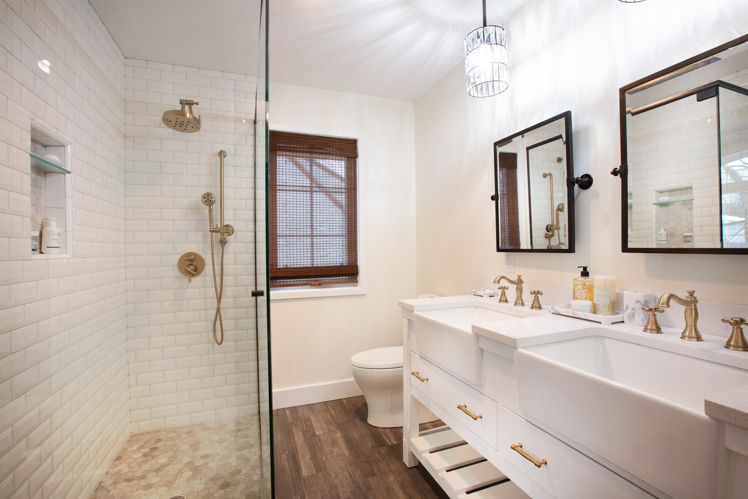 Luxury bathroom remodel with large walk in shower an double vanity.