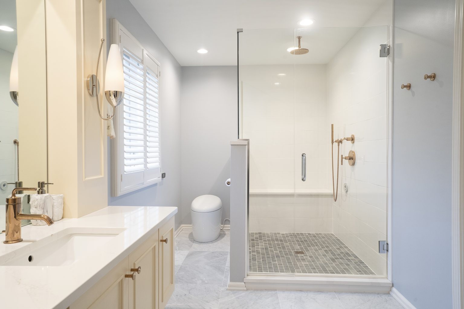 Overview of an Ottawa Hills bathroom remodel with contemporary and classic design elements